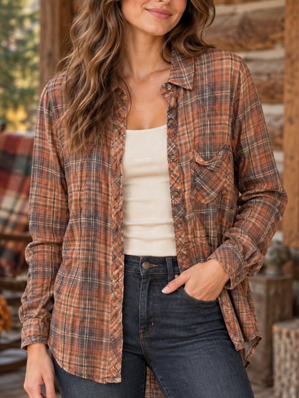 82. Becool Brown Plaid Rayon Flannel Shacket Sz Small
